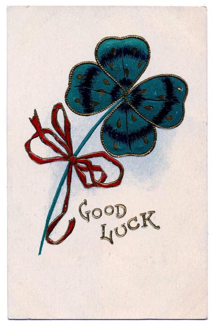 vintage card: four leaf clover red ribbon bow