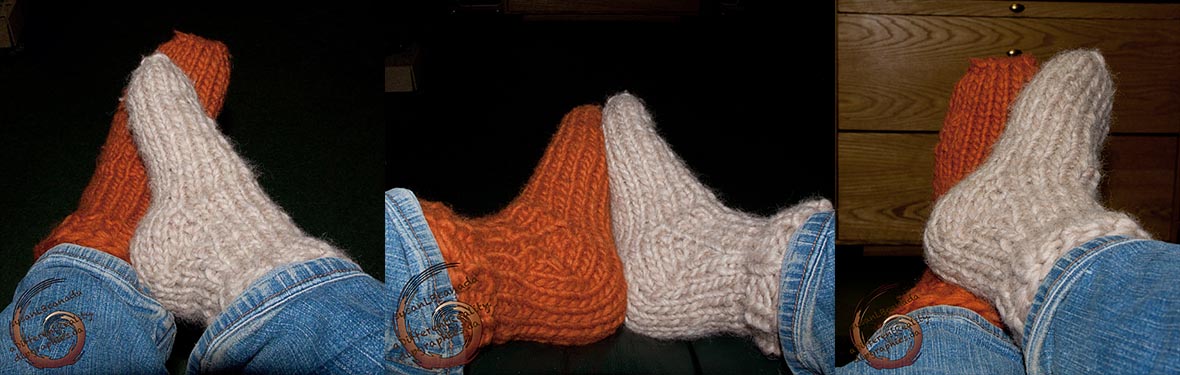 3 images of feet wearing cream and orange socks