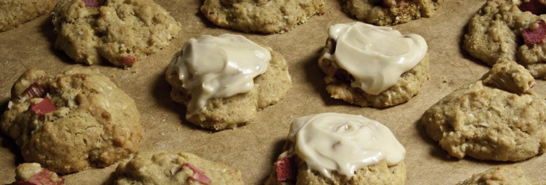 cropped image: rhubarb drop cookies, cream cheese icing
