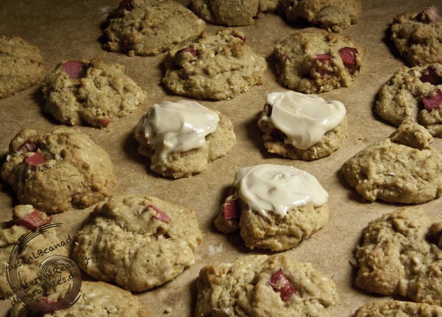 rhubarb drop cookies, cream cheese frostin on cutting board