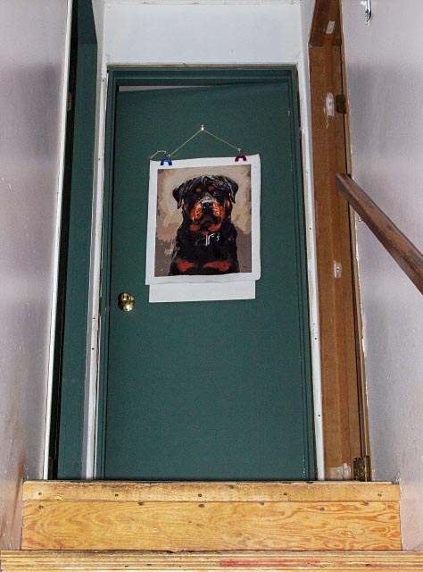 painting of a rottweiler hung on a green door at the top of stairs