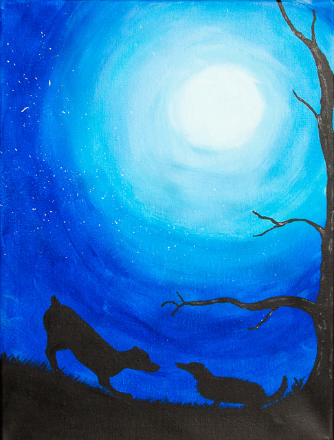 painting: silver moon, blue background silhouette tree, rottie and dachshund